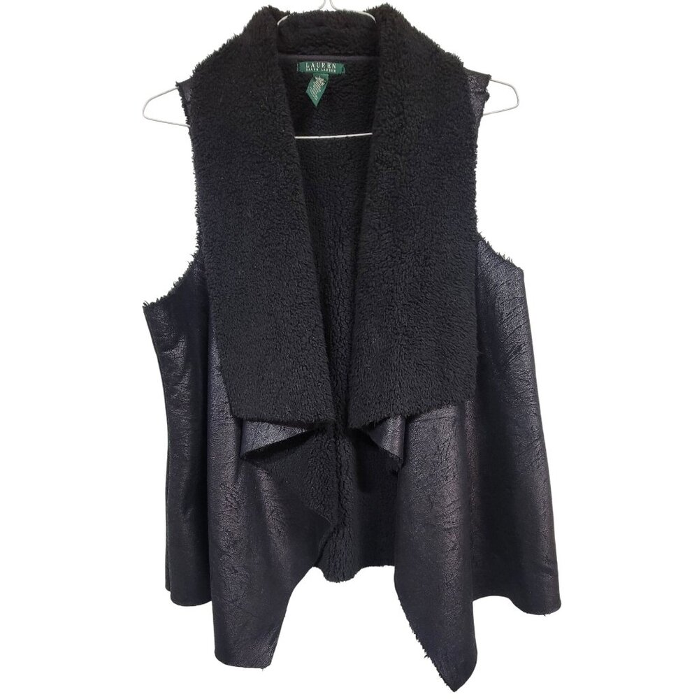 Ralph Lauren Waterfall Vest  Shearling & Leather-Look Open Front Black Womens L